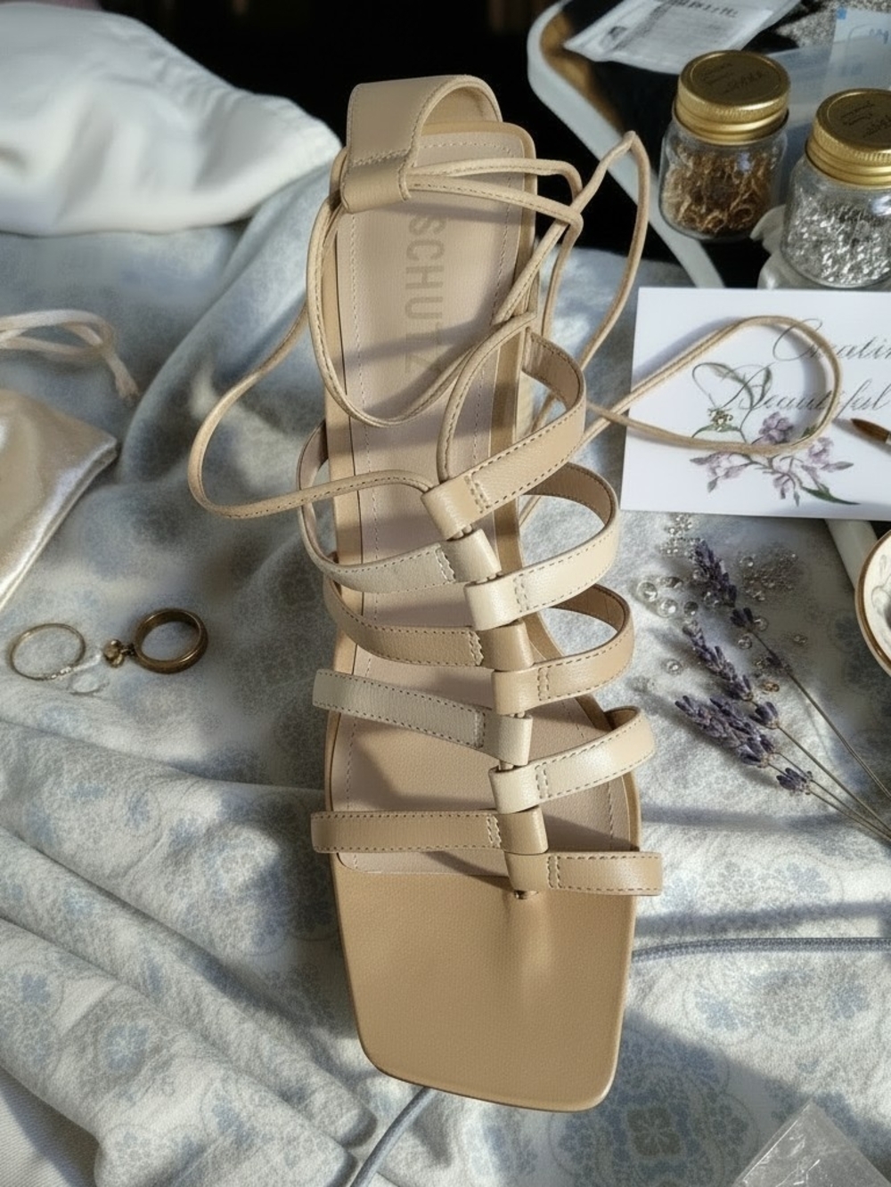 SCHUTZ Strappy Lace-Up Heeled Sandal in Beige
